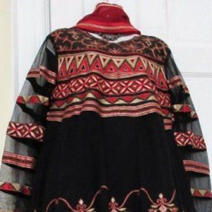Intricate Embroidered Black and Red Women's Tunic